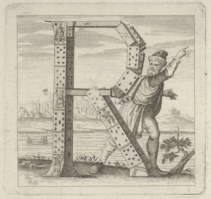 Framed Print : The letter R, constructed from a court pack of playing cards, stands on a riva (ri... 18th century. Creator: Anon) Framed Print : The letter R, constructed from a court pack of playing cards, stands on a riva (ri... 18th century. Creator: Anon)
