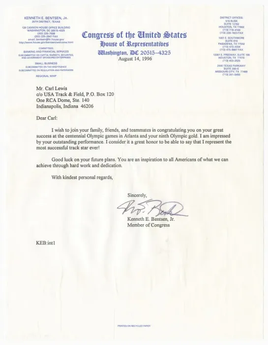 Framed Print : Letter from US Representative Kenneth E. Bentsen, Jr. to Carl Lewis, August 14, 1996 Framed Print : Letter from US Representative Kenneth E. Bentsen, Jr. to Carl Lewis, August 14, 1996