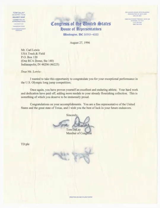 Framed Print : Letter from US Representative Tom DeLay to Carl Lewis, August 27, 1996. Creator: Unknown Framed Print : Letter from US Representative Tom DeLay to Carl Lewis, August 27, 1996. Creator: Unknown