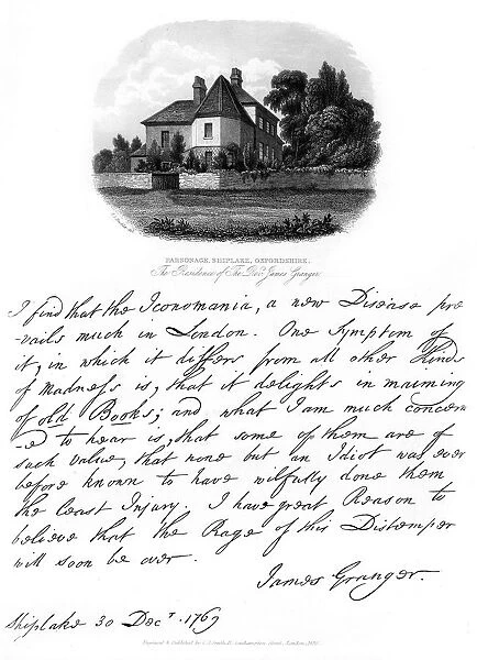 A letter from Reverend James Granger, and a view of his residence at Shiplake, 1769, (1840). Artist: James Granger