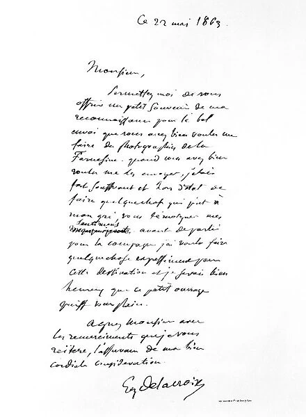 Letter signed by Eugene Delacroix, French Romantic artist, 1863. Artist: Eugene Delacroix