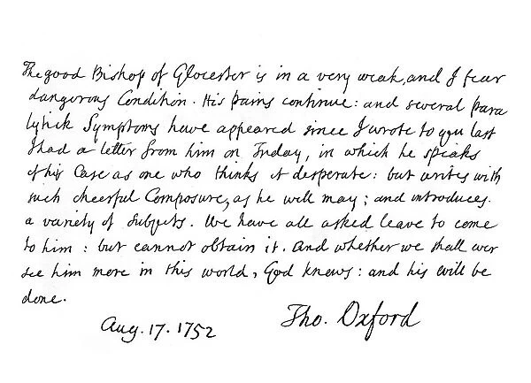 Part of a letter from Thomas Secker, Bishop of Oxford, 17 August 1752, (1840). Artist: Thomas Secker