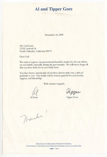 Letter from Vice President Al Gore and his wife Tipper Gore to Carl Lewis, December 16