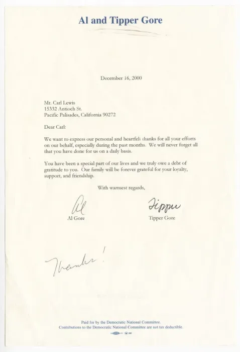 Framed Print : Letter from Vice President Al Gore and his wife Tipper Gore to Carl Lewis, December 16 Framed Print : Letter from Vice President Al Gore and his wife Tipper Gore to Carl Lewis, December 16