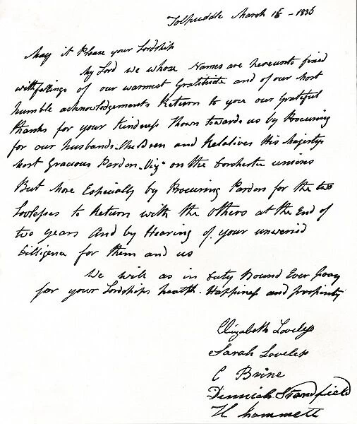 Letter written to Home Secretary John Russell (1792-1878) by the wives of the Tolpuddle Martyrs