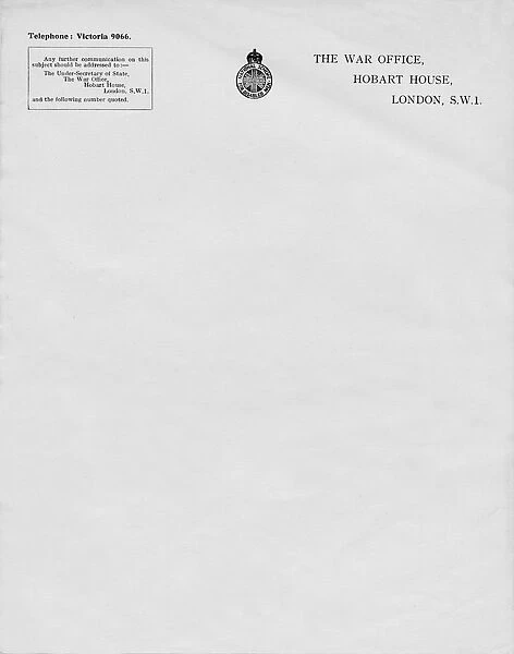Letterheaded paper from The War Office, Hobart House, London, S. W. 1, 20th century