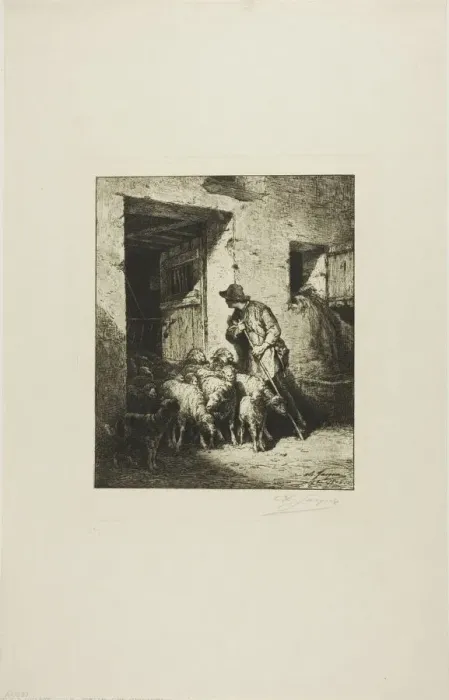 Framed Print : Letting the Sheep Out, 1876. Creator: Charles Emile Jacque Framed Print : Letting the Sheep Out, 1876. Creator: Charles Emile Jacque