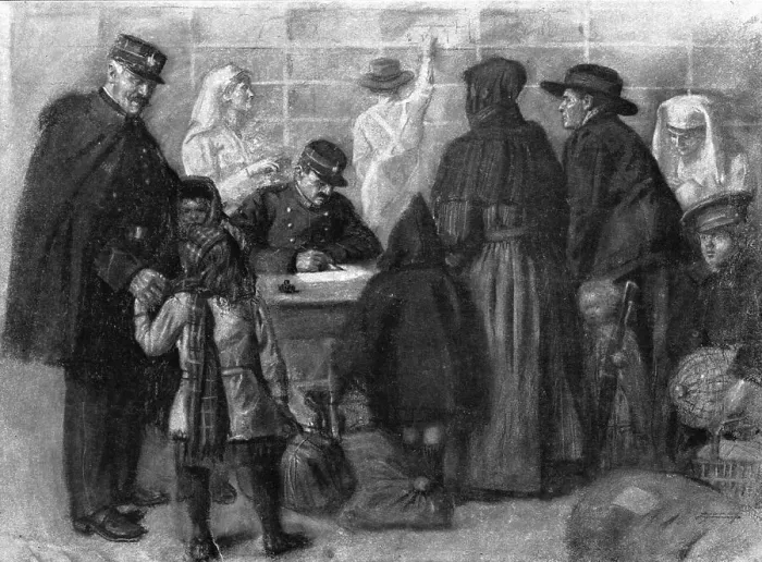 Framed Print : L'exode devant l'ennemi; Les refugies a Paris: on releve l'identite de chacun et on... 1918. Creator: Unknown Framed Print : L'exode devant l'ennemi; Les refugies a Paris: on releve l'identite de chacun et on... 1918. Creator: Unknown