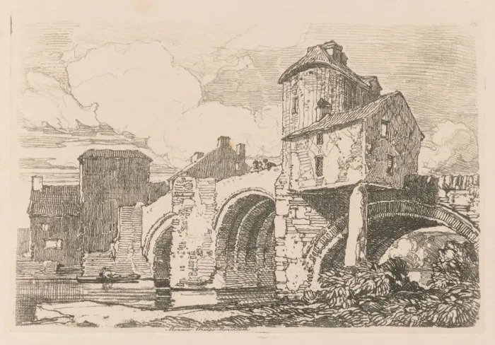 Framed Print : Liber Studiorum: Plate 26, Monnow Bridge, Monmouthshire, 1838. Creator: John Sell Cotman (British Framed Print : Liber Studiorum: Plate 26, Monnow Bridge, Monmouthshire, 1838. Creator: John Sell Cotman (British