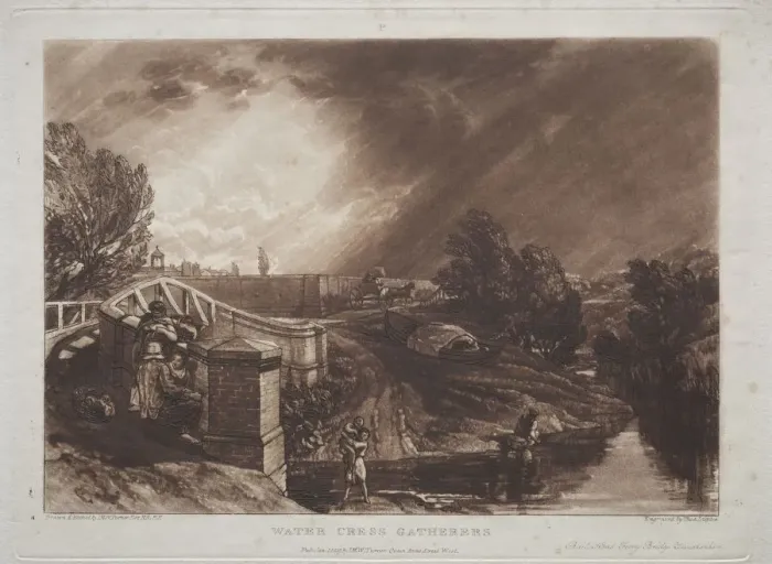 Framed Print : Liber Studiorum: Watercress Gatherers, Rails Head, Ferry Bridge, Twickenham. Creator Framed Print : Liber Studiorum: Watercress Gatherers, Rails Head, Ferry Bridge, Twickenham. Creator