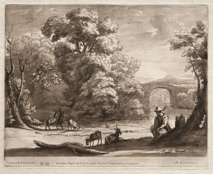 Framed Print : Liber Veritatis: No. 39, A Landscape with Herdsman Playing a Bagpipe and Goats Browsing, 1774 Framed Print : Liber Veritatis: No. 39, A Landscape with Herdsman Playing a Bagpipe and Goats Browsing, 1774