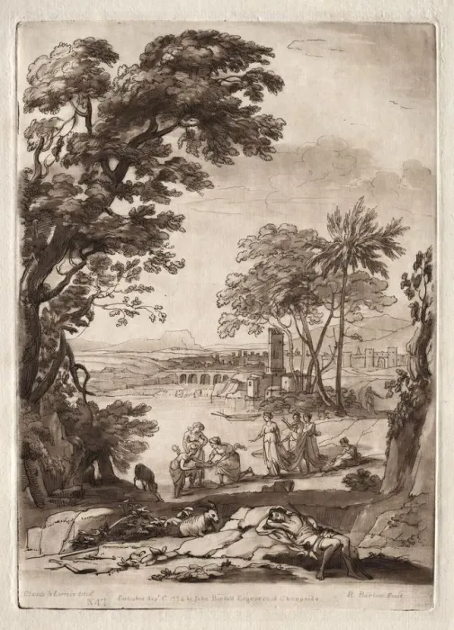 Framed Print : Liber Veritatis: No. 47, A River Scene with the Finding of Moses, 1774. Creator: Richard Earlom Framed Print : Liber Veritatis: No. 47, A River Scene with the Finding of Moses, 1774. Creator: Richard Earlom