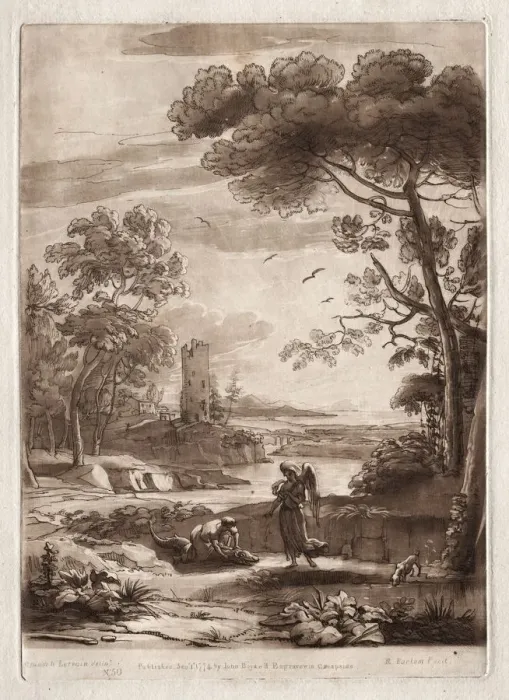 Framed Print : Liber Veritatis: No. 50, A River Scene with Tobias and the Angel, 1774. Creator: Richard Earlom Framed Print : Liber Veritatis: No. 50, A River Scene with Tobias and the Angel, 1774. Creator: Richard Earlom