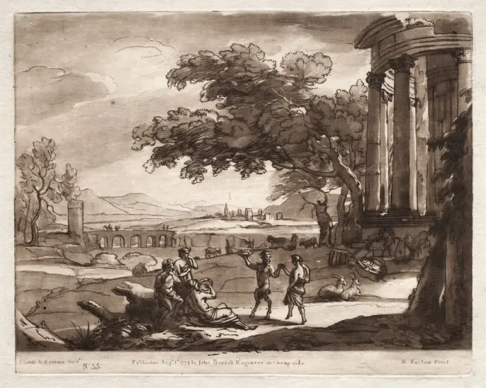 Framed Print : Liber Veritatis: No. 55, A Landscape with a Temple and a Nymph and Satyr Dancing, 1774 Framed Print : Liber Veritatis: No. 55, A Landscape with a Temple and a Nymph and Satyr Dancing, 1774