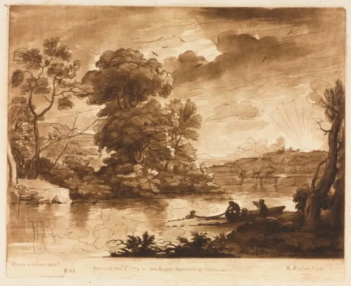 Framed Print : Liber Veritatis: No. 68, A Landscape at Sunset with Fishermen Drawing a Net, 1774 Framed Print : Liber Veritatis: No. 68, A Landscape at Sunset with Fishermen Drawing a Net, 1774