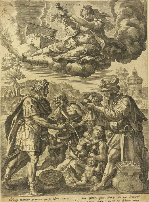 Framed Print : Liberality (with C. Nerva and Cimon), 17th century. Creator: Martin de Vos Framed Print : Liberality (with C. Nerva and Cimon), 17th century. Creator: Martin de Vos