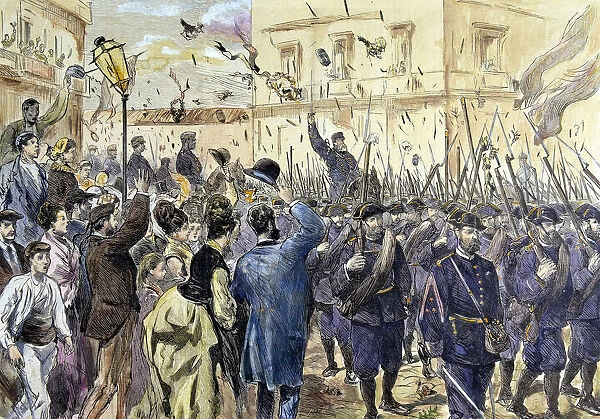 Liberation of Bilbao during the Third Carlist War in 1874, colored engraving in La