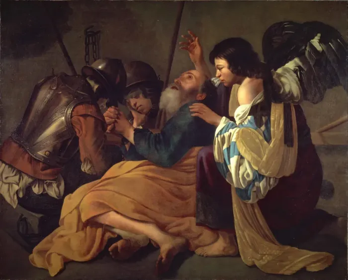 Framed Print : The Liberation of Saint Peter. Artist: Terbrugghen, Hendrick, follower of Framed Print : The Liberation of Saint Peter. Artist: Terbrugghen, Hendrick, follower of