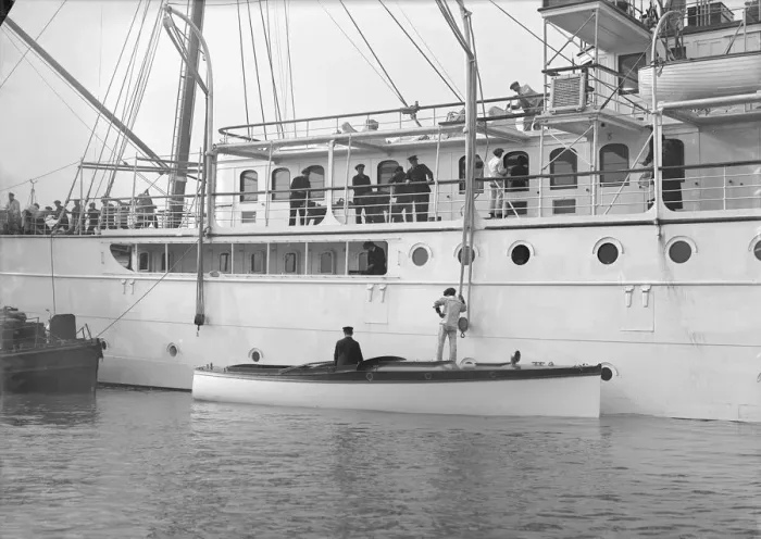 Framed Print : Libertys motor launch alongside Liberty, 1914. Creator: Kirk & Sons of Cowes Framed Print : Libertys motor launch alongside Liberty, 1914. Creator: Kirk & Sons of Cowes