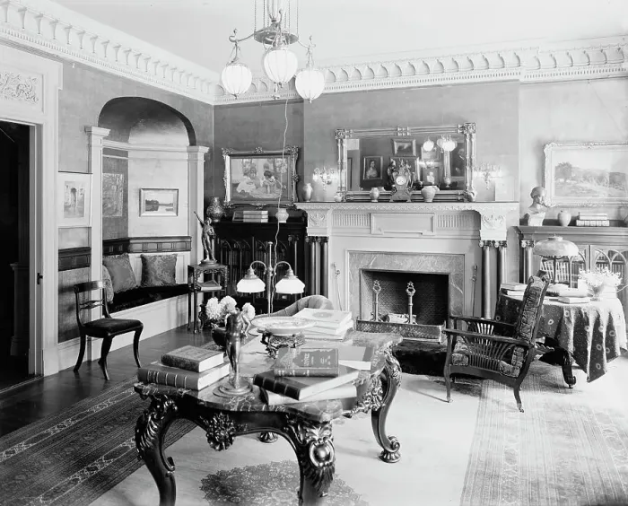 Framed Print : Library, four-story townhouse, possibly New York, N.Y. between 1900 and 1905. Creator: Unknown Framed Print : Library, four-story townhouse, possibly New York, N.Y. between 1900 and 1905. Creator: Unknown