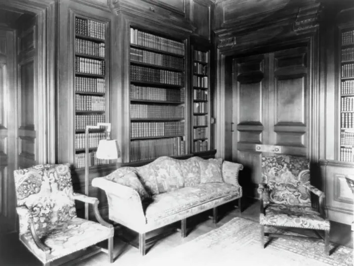 Framed Print : Library in Mrs. Hamilton Rice home, Newport, Rhode Island, 1917. Creator: Frances Benjamin Johnston Framed Print : Library in Mrs. Hamilton Rice home, Newport, Rhode Island, 1917. Creator: Frances Benjamin Johnston