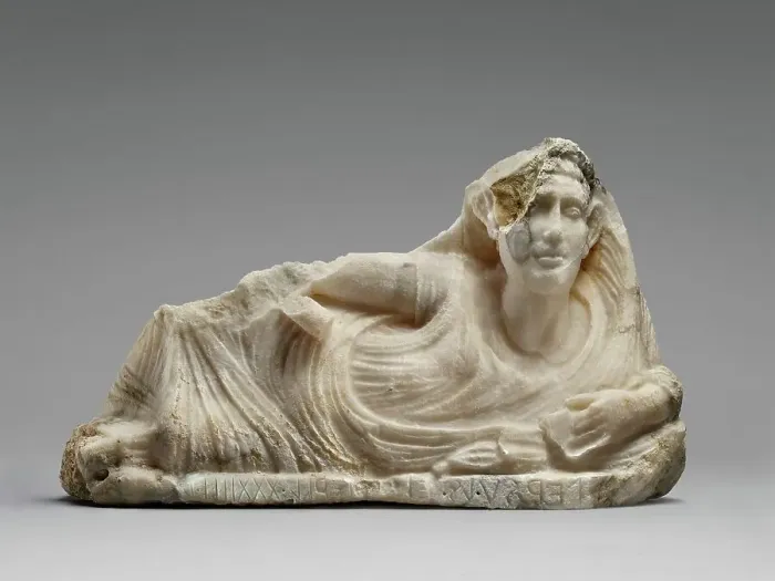 Framed Print : Lid of a Cinerary Urn with a Reclining Male Figure, about 40 B.C. Creator: Unknown Framed Print : Lid of a Cinerary Urn with a Reclining Male Figure, about 40 B.C. Creator: Unknown