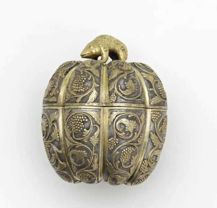 Framed Print : Lidded box in the form of a melon with grape... Early or mid-Tang dynasty Framed Print : Lidded box in the form of a melon with grape... Early or mid-Tang dynasty