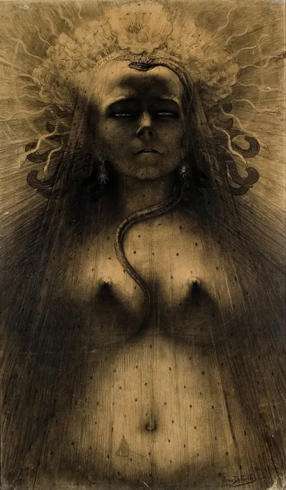 Framed Print : L'Idole de la Perversite (The Idol of Perversity), 1891. Creator: Delville, Jean (1867-1953). L'Idole de la Perversite (The Idol of Perversity), 1891. Creator: Delville, Jean (1867-1953) Framed Print : L'Idole de la Perversite (The Idol of Perversity), 1891. Creator: Delville, Jean (1867-1953). L'Idole de la Perversite (The Idol of Perversity), 1891. Creator: Delville, Jean (1867-1953)