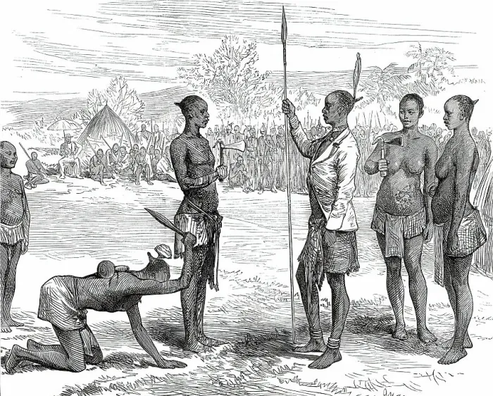 Framed Print : Lieutenant Cameron's Sketches in Central Africa: Kasongo's Levee, 1876. Creator: Unknown Framed Print : Lieutenant Cameron's Sketches in Central Africa: Kasongo's Levee, 1876. Creator: Unknown