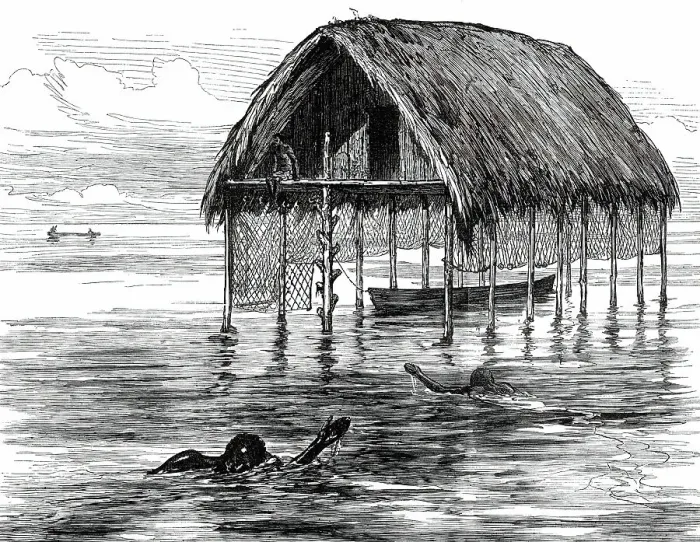 Framed Print : Lieutenant Cameron's Sketches in Central Africa: a lake dwelling on Lake Moheya, 1876. Creator: Unknown Framed Print : Lieutenant Cameron's Sketches in Central Africa: a lake dwelling on Lake Moheya, 1876. Creator: Unknown