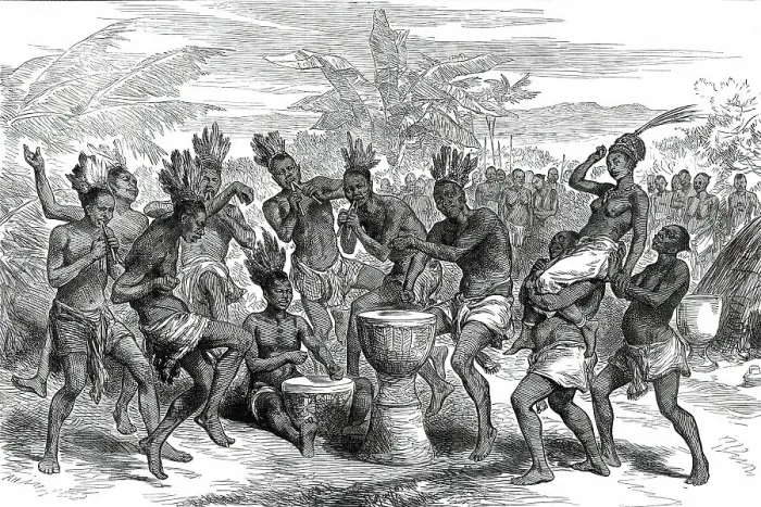 Framed Print : Lieutenant Cameron's Sketches in Central Africa: Wedding Dance at Kibaiyeli, 1876. Creator: Unknown Framed Print : Lieutenant Cameron's Sketches in Central Africa: Wedding Dance at Kibaiyeli, 1876. Creator: Unknown