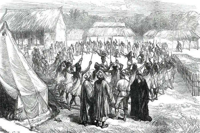 Framed Print : Lieutenant Cameron's Travels in Central Africa: Dance of Pagazi at Kiwakasongo...1876. Creator: Unknown Framed Print : Lieutenant Cameron's Travels in Central Africa: Dance of Pagazi at Kiwakasongo...1876. Creator: Unknown