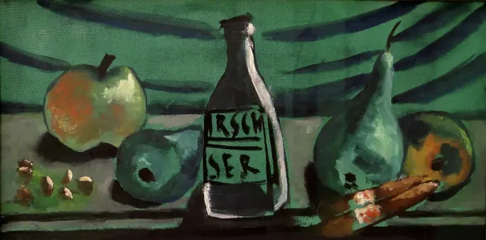 Framed Print : Still life with apple and pear (Still life with kirsch bottle), 1928. Creator: Beckmann, Max (1884-1950)