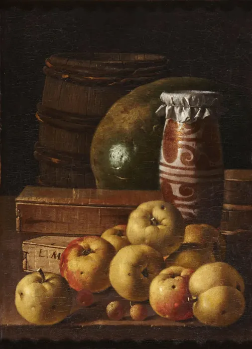 Framed Print : Still life with apples, strawberries, watermelon, box of sweets, jar of honey and barrel, Mid of Framed Print : Still life with apples, strawberries, watermelon, box of sweets, jar of honey and barrel, Mid of