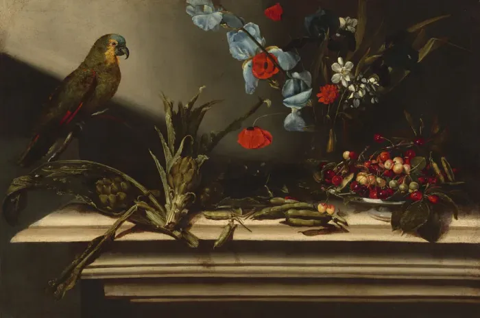 Framed Print : Still Life with Artichokes and a Parrot, 17th century. Creator: Unknown Framed Print : Still Life with Artichokes and a Parrot, 17th century. Creator: Unknown