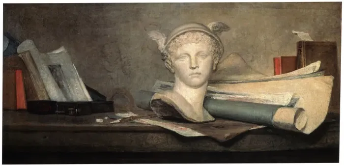 Framed Print : Still Life with Attributes of the Arts, 18th century. Artist: Jean-Simeon Chardin Framed Print : Still Life with Attributes of the Arts, 18th century. Artist: Jean-Simeon Chardin