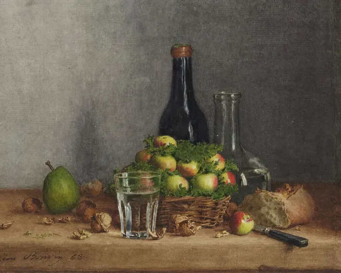Framed Print : Still Life with Basket of Apples, 1863. Creator: Leon Bonvin Framed Print : Still Life with Basket of Apples, 1863. Creator: Leon Bonvin