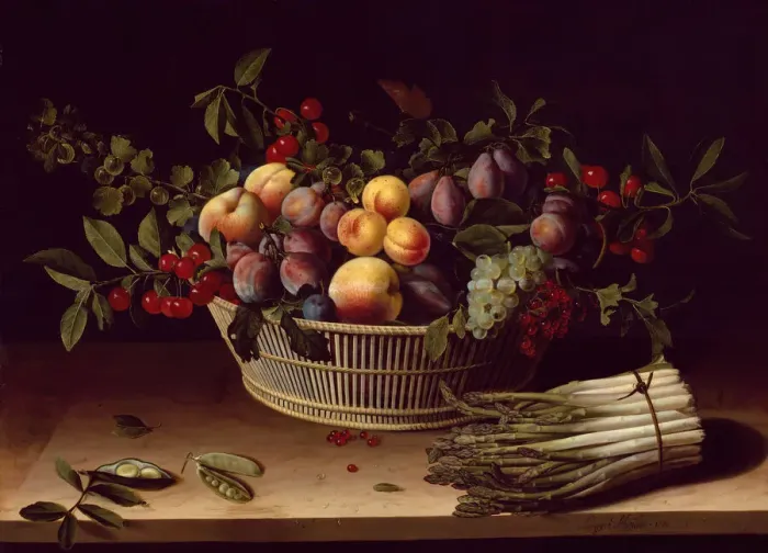 Framed Print : Still Life with a Basket of Fruit and a Bunch of Asparagus, 1630. Creator: Louise Moillon Framed Print : Still Life with a Basket of Fruit and a Bunch of Asparagus, 1630. Creator: Louise Moillon