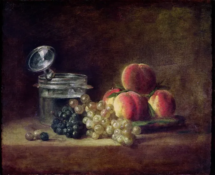 Framed Print : Still Life with a Basket of Peaches, White and Black Grapes, Cooler and Wineglass. Artist: Chardin, Jean-Baptiste Simeon (1699-1779) Framed Print : Still Life with a Basket of Peaches, White and Black Grapes, Cooler and Wineglass. Artist: Chardin, Jean-Baptiste Simeon (1699-1779)