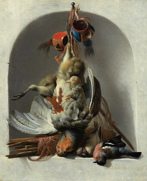 Still Life with Birds and Hunting Gear in a Niche, c.1633. Creator: Melchior d'Hondecoeter