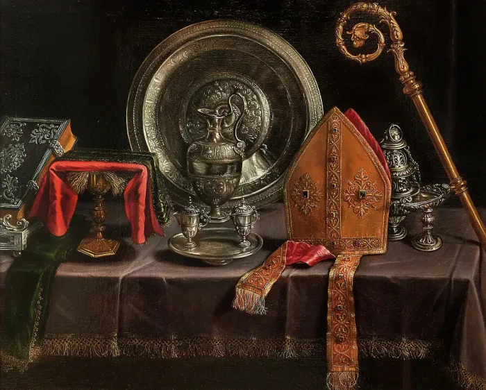 Framed Print : Still life with Bishop Insignia and silver, First Half of 17th cen.. Creator: Barbieri; Paolo Antonio (1603-1649) Framed Print : Still life with Bishop Insignia and silver, First Half of 17th cen.. Creator: Barbieri; Paolo Antonio (1603-1649)