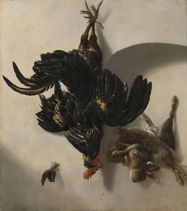 Framed Print : Still Life with Black Rooster and two Rabbits, 1659. Creator: Cornelis Lelienbergh Framed Print : Still Life with Black Rooster and two Rabbits, 1659. Creator: Cornelis Lelienbergh