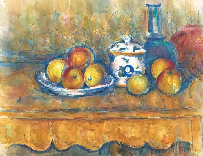 Framed Print : Still life with blue bottle, sugar bowl and apples, 1900-1906. Creator: Paul Cezanne Framed Print : Still life with blue bottle, sugar bowl and apples, 1900-1906. Creator: Paul Cezanne