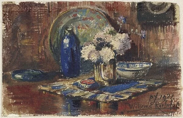 Still life with blue bottle and vase of flowers, 1921. Creator: Willem Elisa Roelofs