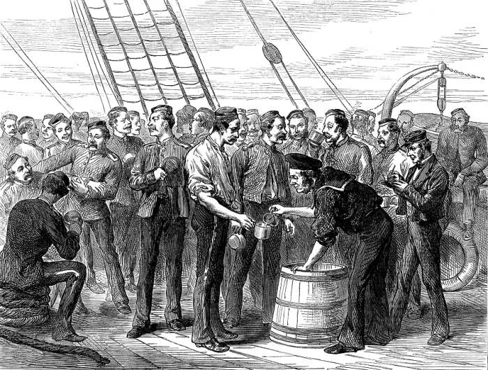 Framed Print : Life on board a troop-ship: serving out grog, 1873. Creator: Unknown Framed Print : Life on board a troop-ship: serving out grog, 1873. Creator: Unknown