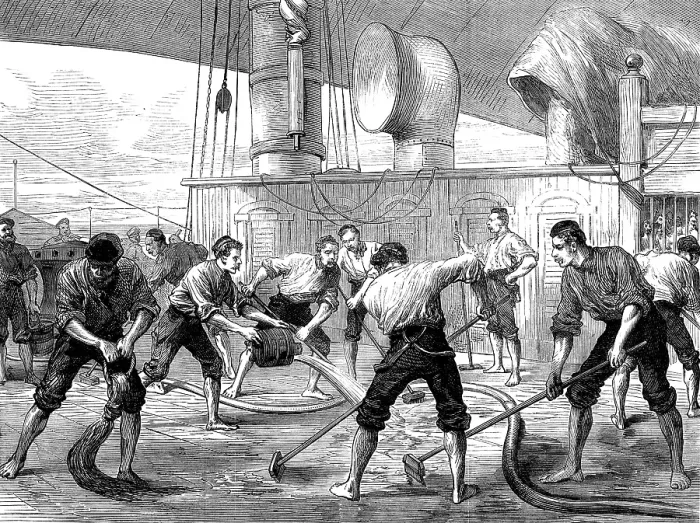 Framed Print : Life on board a troop-ship: washing the decks, 1873. Creator: Unknown Framed Print : Life on board a troop-ship: washing the decks, 1873. Creator: Unknown