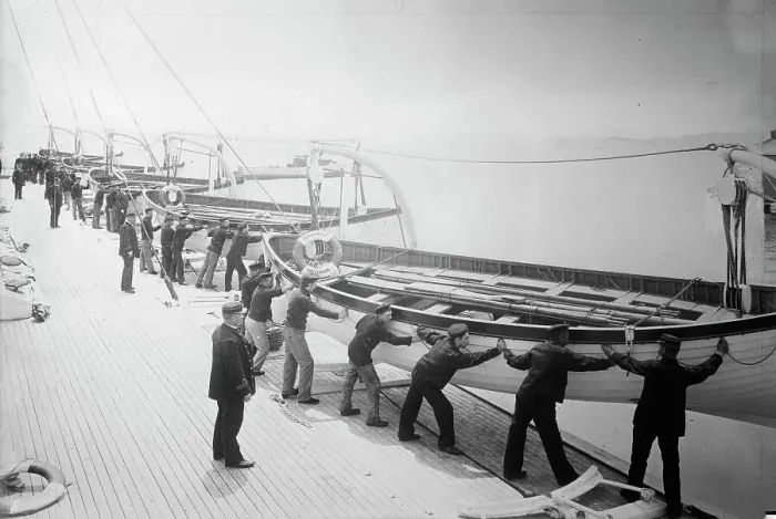 Framed Print : Life boat drill, Holland America Line - putting boats over the side, between c1910 and c1915. Creator: Bain News Service Framed Print : Life boat drill, Holland America Line - putting boats over the side, between c1910 and c1915. Creator: Bain News Service