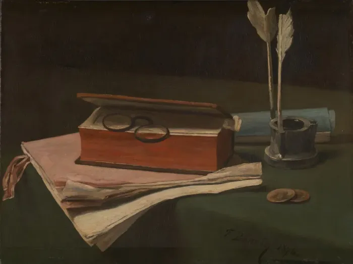 Framed Print : Still Life with Book, Papers and Inkwell, 1876. Artist: Bonvin, Francois (1817-1887) Framed Print : Still Life with Book, Papers and Inkwell, 1876. Artist: Bonvin, Francois (1817-1887)