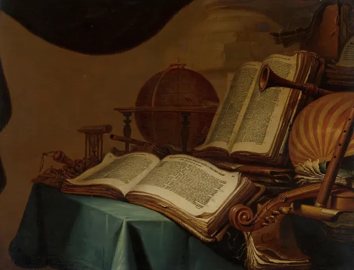 Framed Print : Still Life with Books, a Globe and Musical Instruments, 1660. Creator: Jan Vermeulen Framed Print : Still Life with Books, a Globe and Musical Instruments, 1660. Creator: Jan Vermeulen