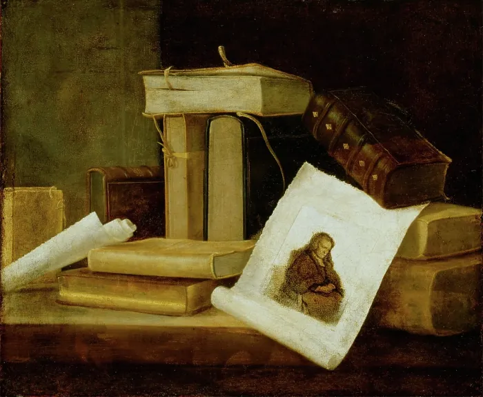 Framed Print : Still Life of Books and a Rembrandt Engraving, between 1631 and 1635. Creator: Sebastian Stosskopf Framed Print : Still Life of Books and a Rembrandt Engraving, between 1631 and 1635. Creator: Sebastian Stosskopf
